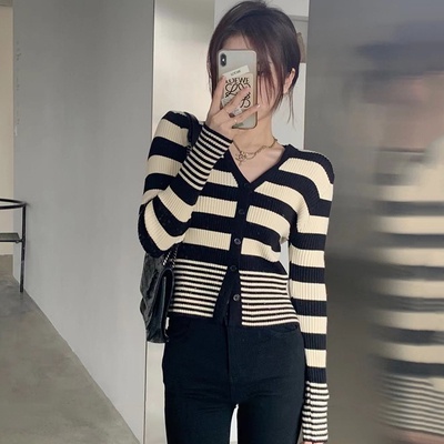 Áo cardigan ZHELIHANGFEI dệt kim dài tay cổ chữ V eo cao kẻ sọc phong cách retro