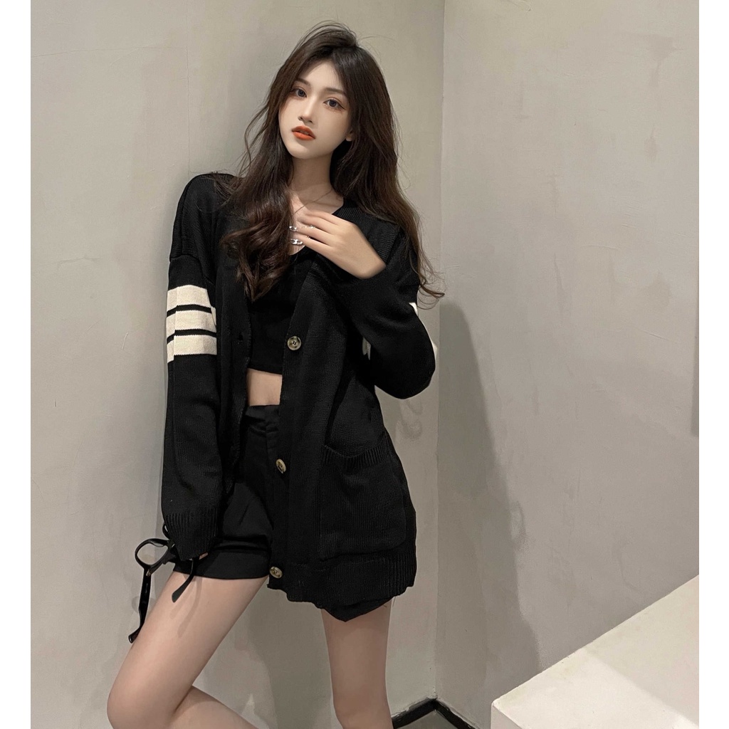 Porozi  Áo Khoác Cardigan Dệt Kim Cổ Chữ V Họa Tiết Kẻ Sọc Phong Cách Hàn Quốc Cho Nữ
