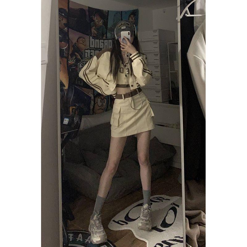 Bộ Đồng Phục Ba Món Áo Khoác Bóng Chày + Áo Sát Nách + Chân Váy Lưng Cao Thời Trang Mùa Thu Cho Nữ