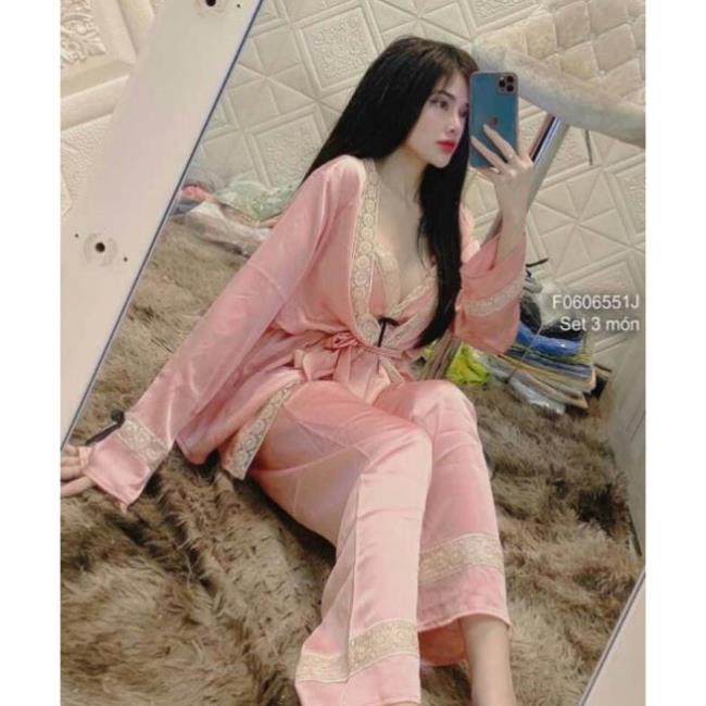 Set ngủ phi lụa 3 món phối ren áo choàng tay dài áo 2 dây kèm quần dài! 😍 !