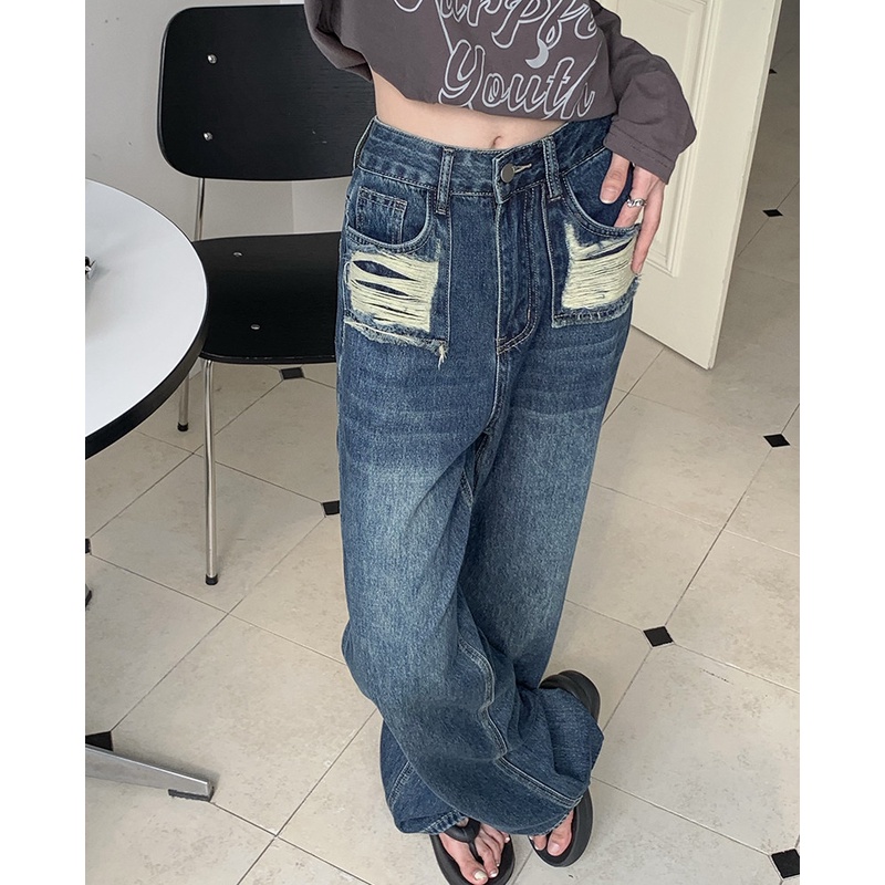 Quần Jean Dài Dáng Rộng Ống Suông Phối Vải Rách Thời Trang Mùa Thu