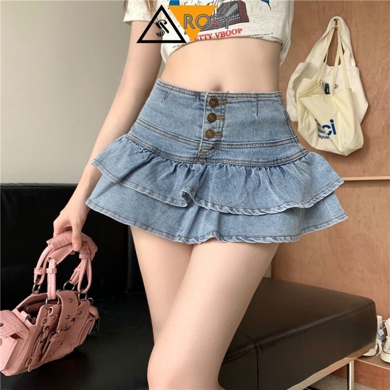 Chân váy jean phối nút 2 tầng vạt xòe đuôi cá chất cao cấp dày dặn