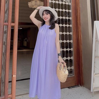 Váy suông dáng dài đầm cổ yếm dập ly maxi không tay chất cotton vintage