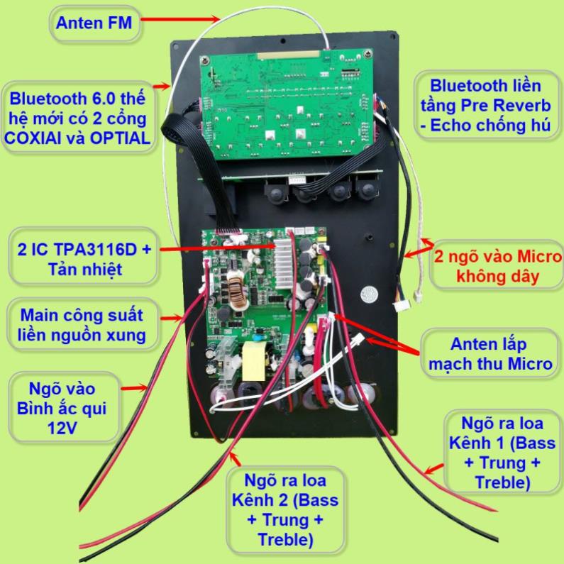 Mạch loa kéo 2 kênh riêng biệt Reverb Echo chống hú 2 IC TPA3116D2 150W + 150W cho loa kéo 4 tấc đôi - mạch đứng