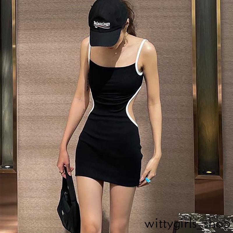 Đầm Ôm Sát Nách Hở Lưng Màu Sắc Tương Phản Cho Nữ