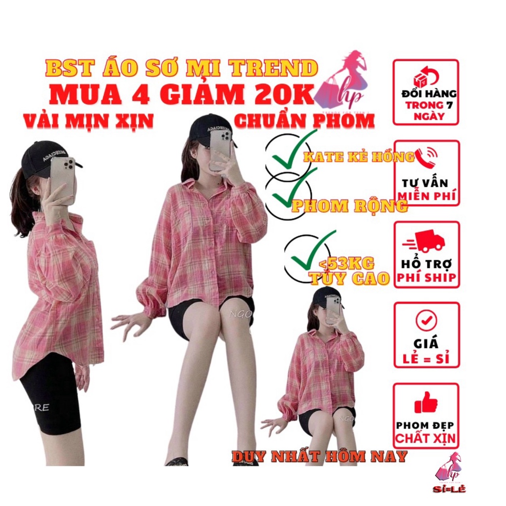 áo sơ mi kẻ sọc nữ vải dệt có túi tay dài form rộng màu hồng siêu trẻ trung mẫu mới phong cách thời trang