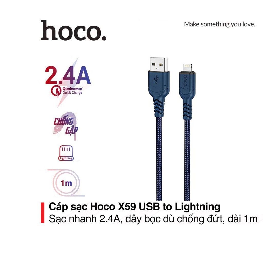 Cáp sạc nhanh 2.4A Hoco X59 chân Lightning dây Nylon siêu bền dành cho iPhone/iPad 1M / 2M