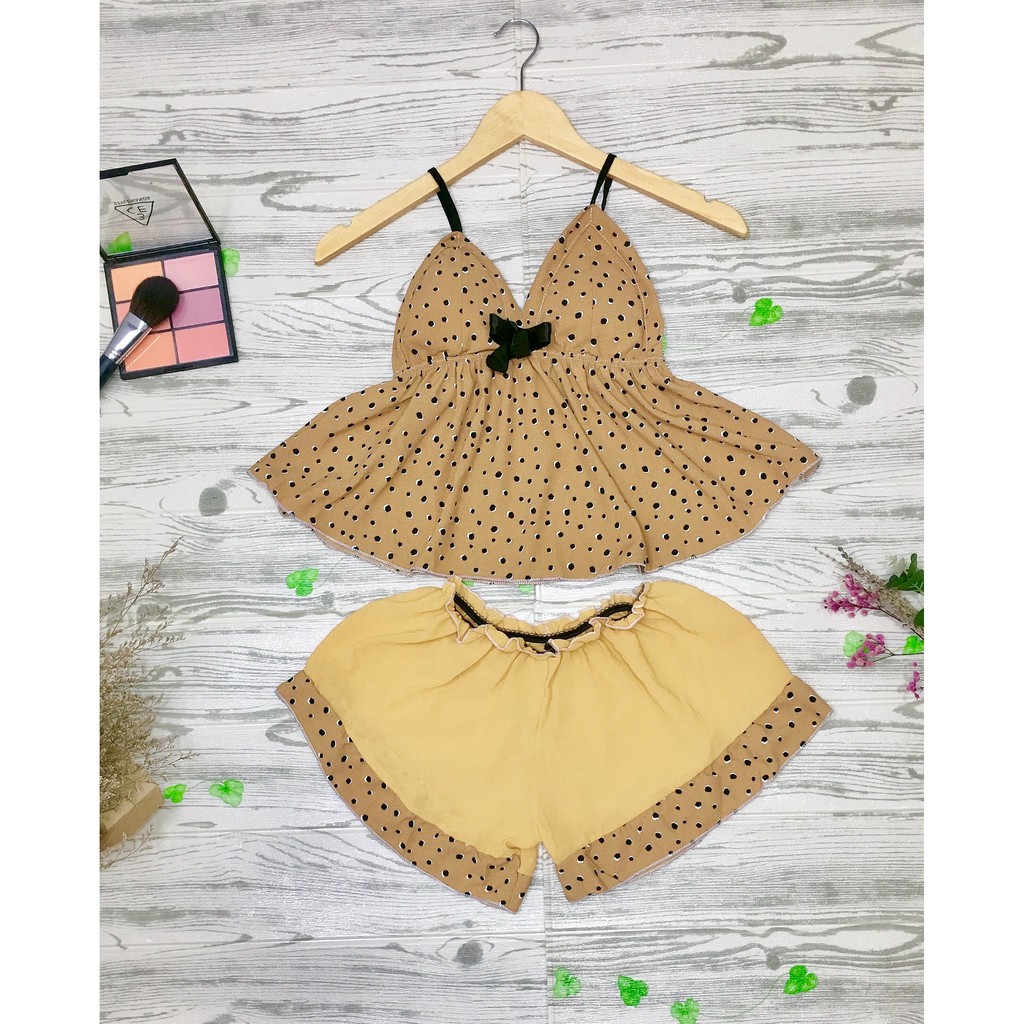 CROPTOP SIZE dưới 55Kg Bộ đồ ngủ vải voan chấm bi có mút ngực kiểu dáng gợi cảm quyến rũ đủ màu,Hàng Shop tự may