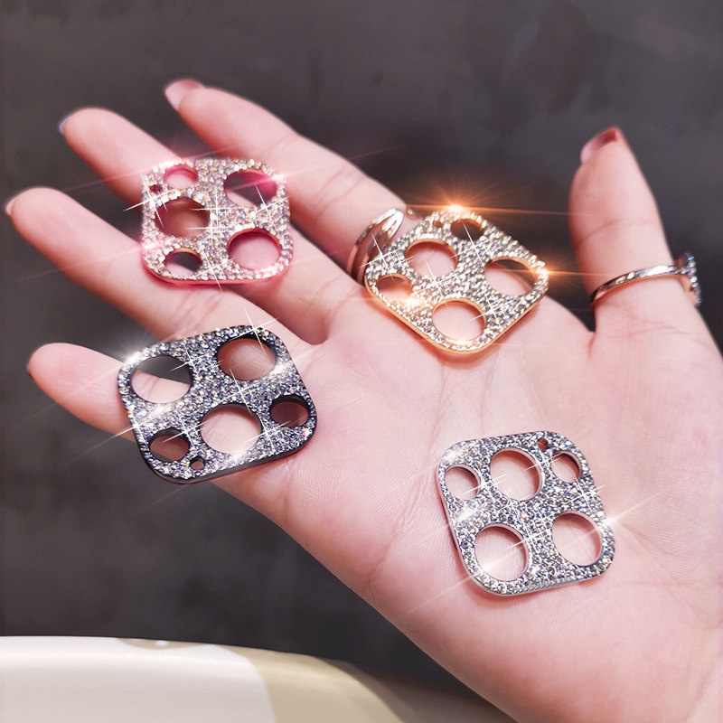 Khung Kim Loại Tròn Bảo Vệ camera Sau Đính Đá Lấp Lánh Cho iphone 15 14 13 12 11 pro max Ốp