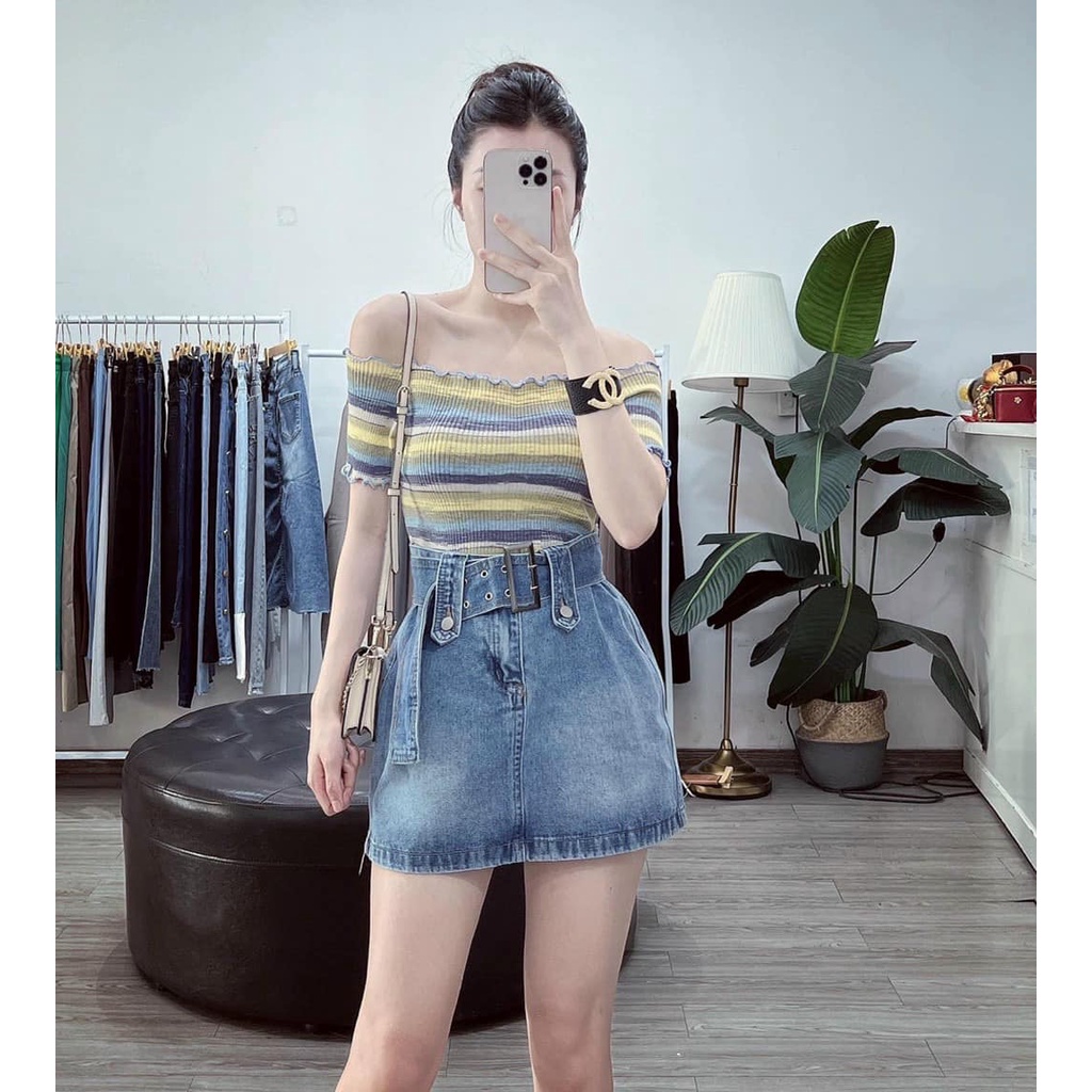 Áo len bệt vai loang sắc màu viền xoăn 45610