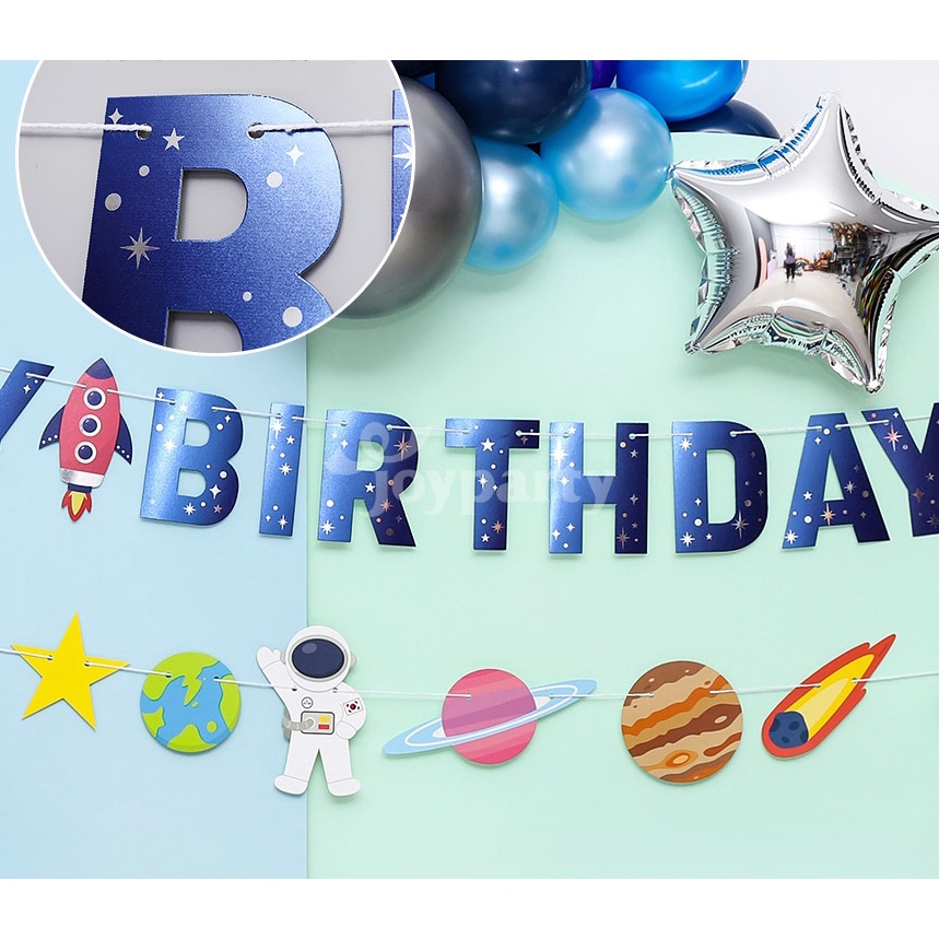 Dây chữ giấy HAPPY BIRTHDAY + Dây họa tiết phi hành gia trang trí sinh nhật