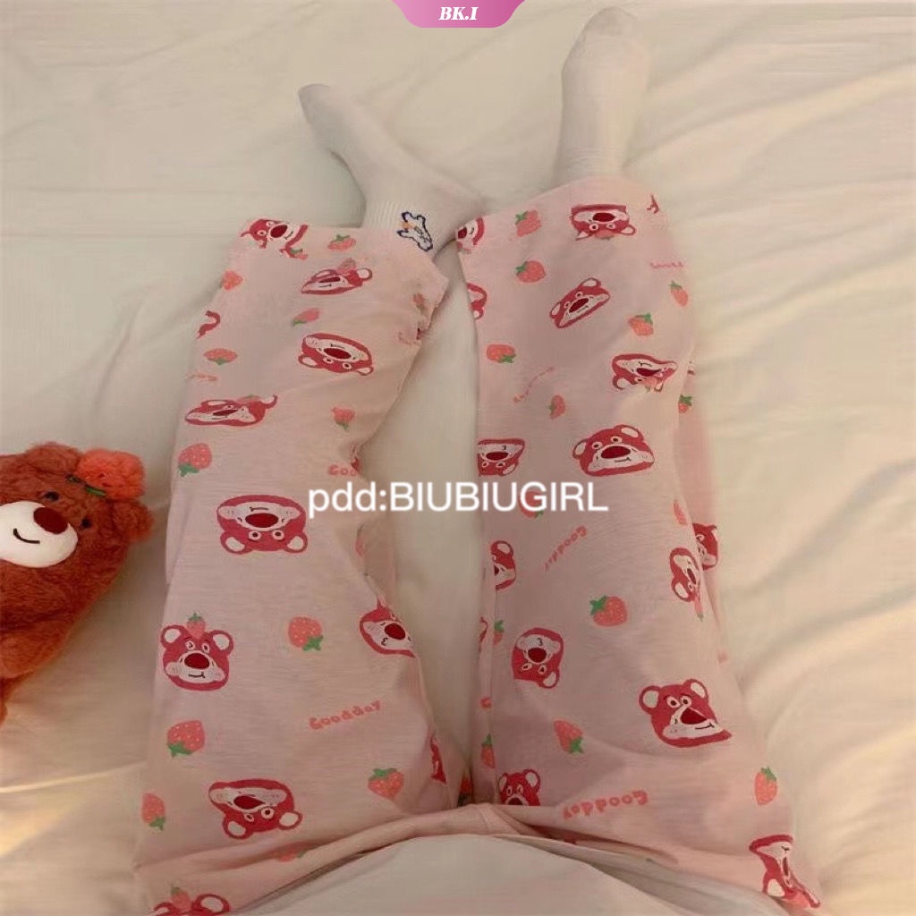 DISNEY Quần Ngủ Lưng Thun Ống Rộng In Họa Tiết Hoạt Hình Gấu / Dâu Tây Dễ Thương Thời Trang Mùa Đông Cho Nữ