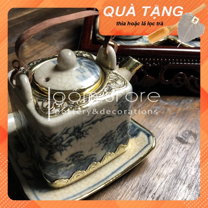 Ấm trà Bát Tràng men rạn giả cổ dáng vuông bọc đồng (Bộ ấm chén trên không kèm khay như hình)