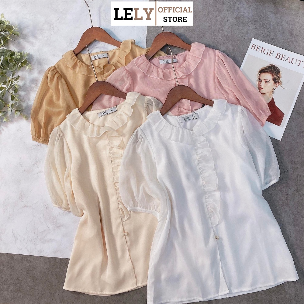 Áo sơ mi nữ Lely Fashion somi ngắn cao cấp vải lụa đẹp thời trang công sở dễ thương đi học trắng hồng cộc tay A1032