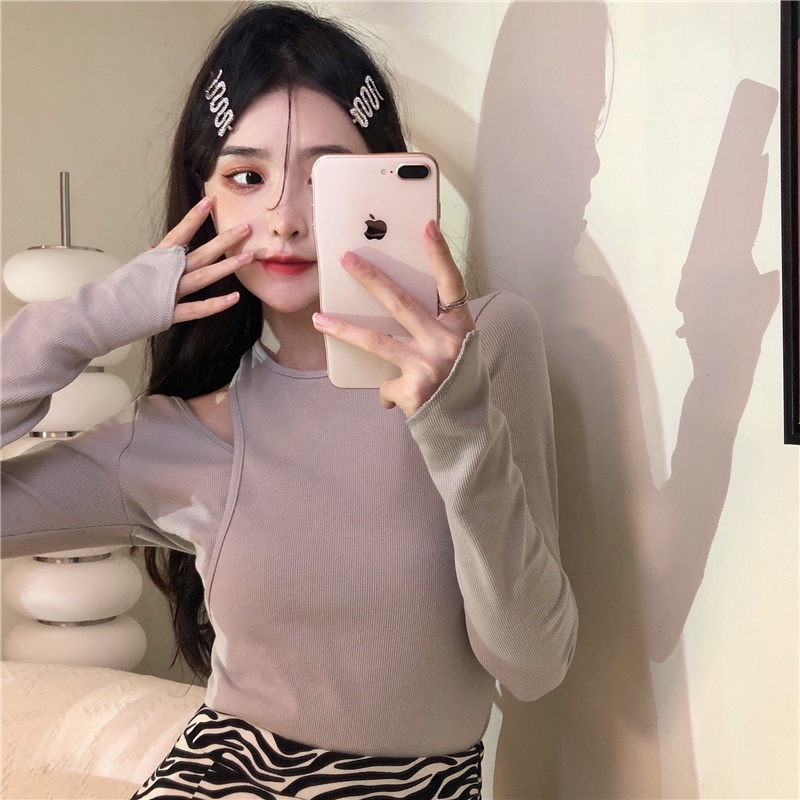 SUXI Áo thun croptop tay dài trơn màu ôm dáng thời trang phong cách hàn quốc cho nữ