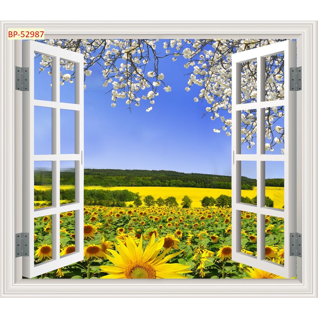 Tranh dán tường 3D khung cửa sổ phong cảnh