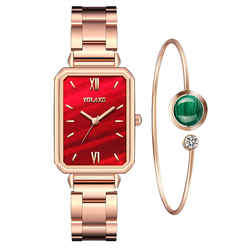 Đồng hồ nữ bằng thép không gỉ mặt hình chữ nhật+vòng tay màu xanh lá thời trang thường ngày