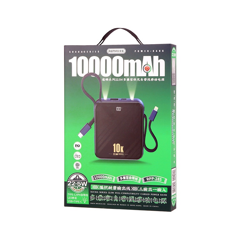 Pin dự phòng sạc nhanh Remax RPP-285 Series Sucha 10000mAh QC 22.5W và PD 20W - tích hợp 2 đèn pin chiếu sáng