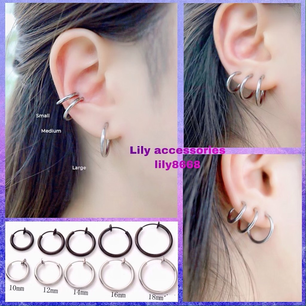 Hoop EarCuff kẹp tai titan tròn nhiều màu, nhiều size cho nam và nữ không cần xỏ lỗ không gỉ set