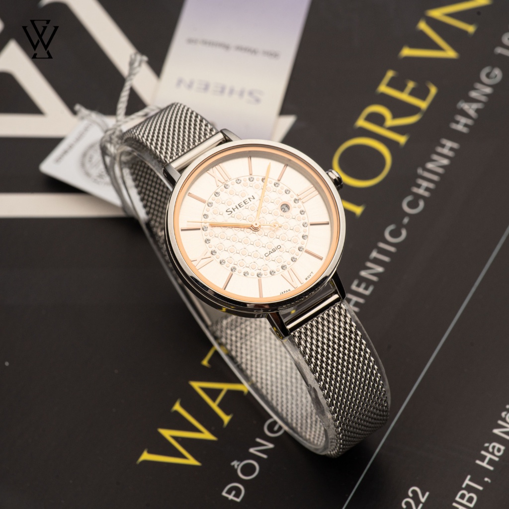Đồng Hồ Quartz Nữ Casio Sheen WATCHSTORE SHE-4059M-4AUDF Thiết Kế Mặt Kính Khoáng 34mm, Dây Kim Loại, Vỏ Thép Không Gỉ