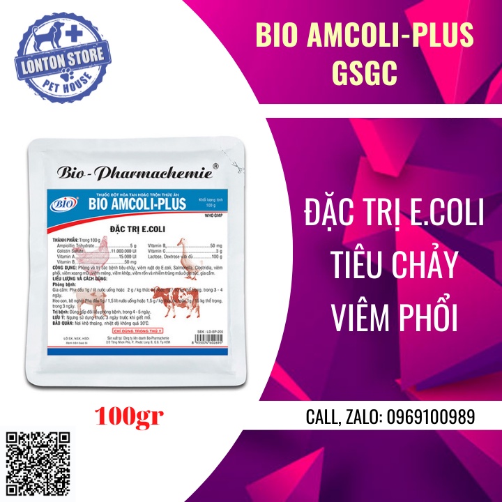 BIO Amcoli plus, sản phẩm hổ trợ sức khỏe cho gia súc gia cầm, gói 100gr