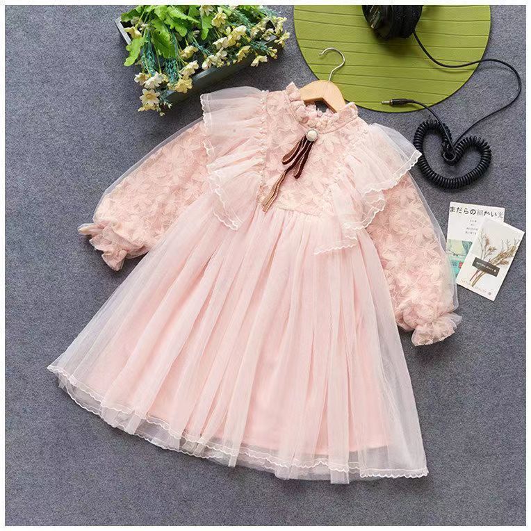 Đầm Công Chúa Tay Dài Phối Ren Dễ Thương Thời Trang Xuân Thu Cho Bé Gái