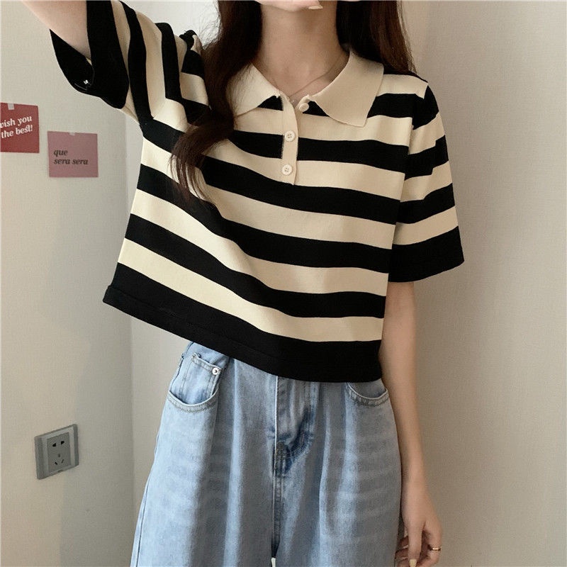 HPCL📣Áo Sweater ngắn tay họa tiết kẻ sọc phong cách Hàn quốc | BigBuy360 - bigbuy360.vn