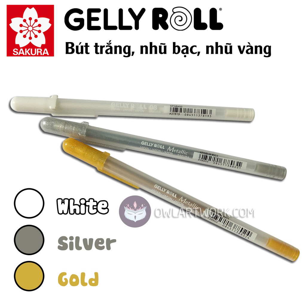 Bút Gelly Roll Trắng, nhũ vàng, nhũ bạc