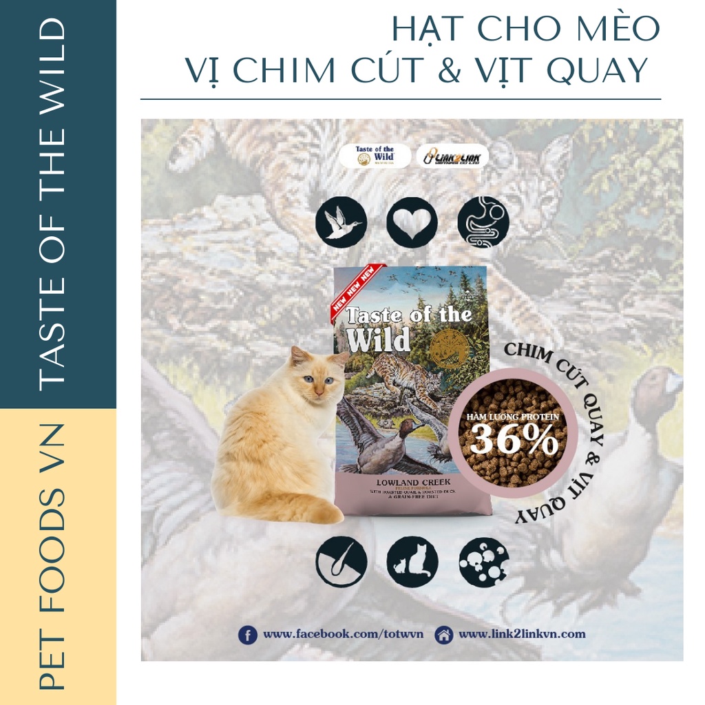 Hạt cho mèo TASTE OF THE WILD Lowland Creek 2kg vị Chim Cút và Vịt Quay