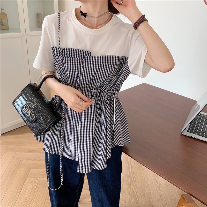 Áo thun tay ngắn cổ tròn in họa tiết sọc caro đơn giản