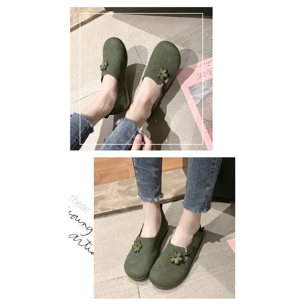 Giày sandal lười bít mũi tròn đính họa tiết hoa đáng yêu vintage cho nữ