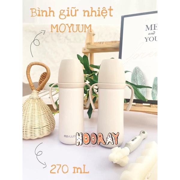 Bình sữa Moyuum giữ nhiệt inox 304 màu ghi, Bình hút moyuum giữ nhiệt có tay cầm, bình moy giữ ấm sữa cho bé chính hãng