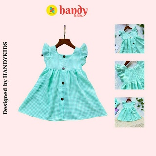 Đầm caro cổ vuông tay cánh tiên trang trí nút gỗ sang xinh