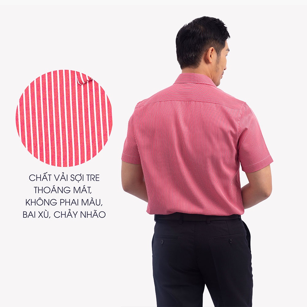 Áo Sơ Mi Nam Ngắn Tay Trung Niên ANCHI Hoạ Tiết Kẻ Đỏ Vải Sợi Tre Cao Cấp