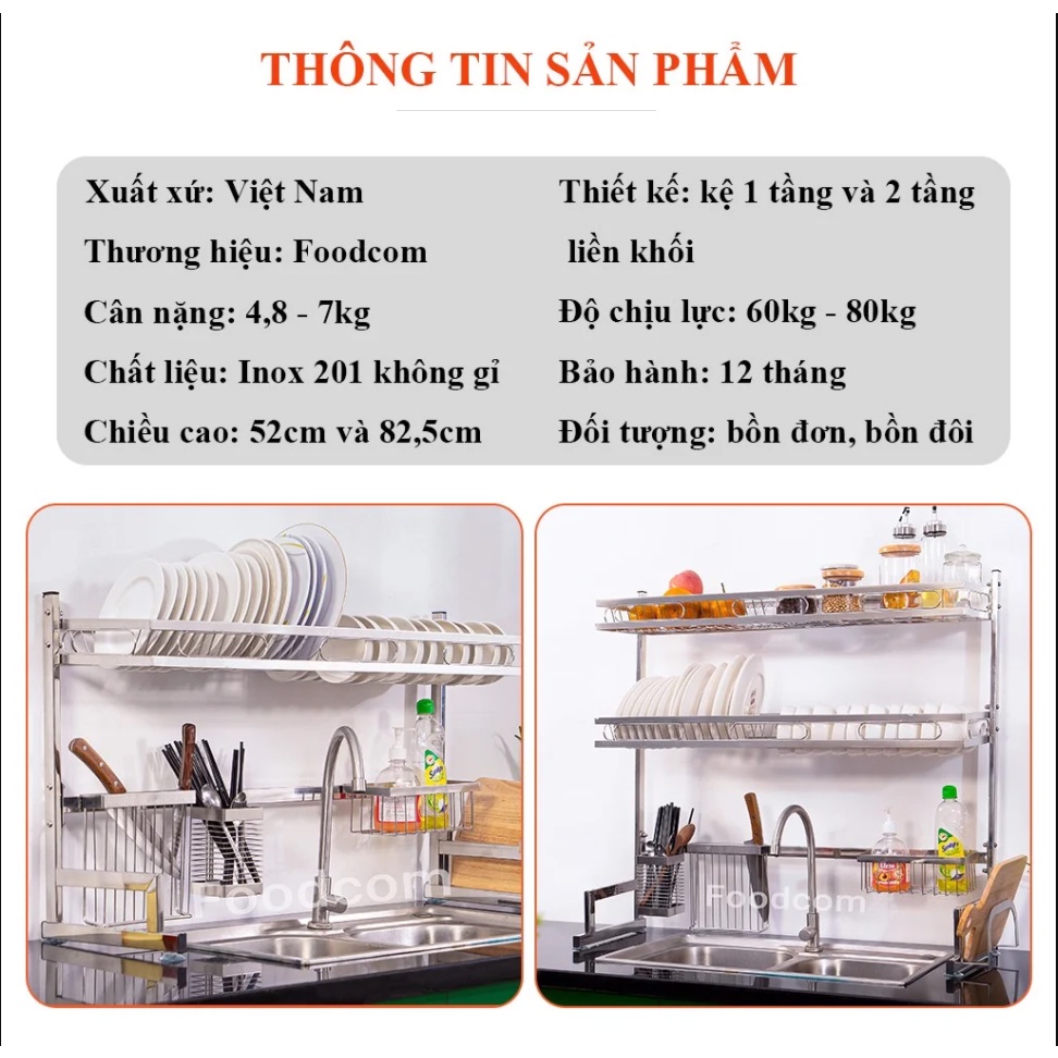 Kệ Inox Úp Chén Bát Nồi 1 Tầng 2 Tầng FOODCOM Liền Khối Chắc Chắn Tiện Lợi Đa Năng