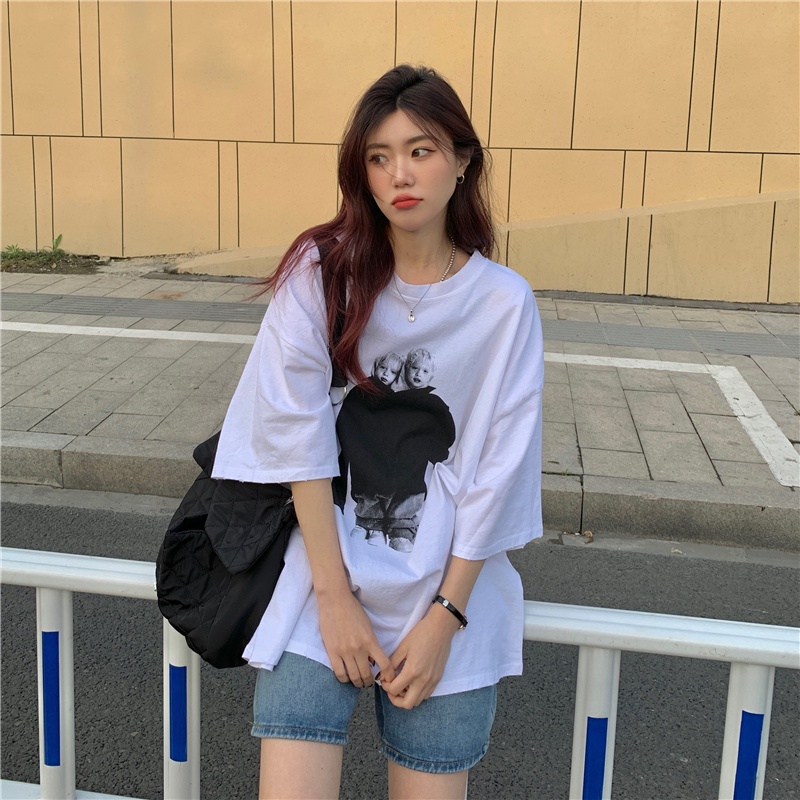 Áo Thun Ngắn Tay Cổ Tròn Dáng Rộng In Họa Tiết Kiểu Retro Hàn Quốc Thời Trang Mùa Hè Cho Nữ Dễ Phối Đồ