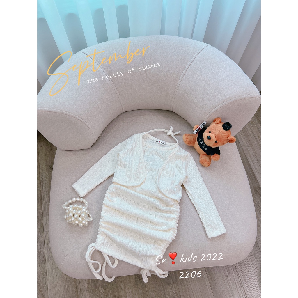 Váy cho bé gái, set váy len thừng body rút dây 2 bên hông kèm áo khoác lừng cho bé 10-32kg