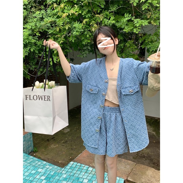 Set Áo Sơ Mi Denim Ngắn Tay + Quần Short Jeans Lưng Cao Ống Rộng Thời Trang Cho Nữ