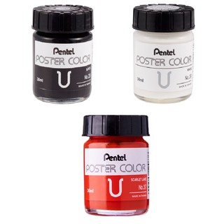 Combo 3 lọ màu nước Poster Color Pentel 30ml Trắng - Đỏ - Đen