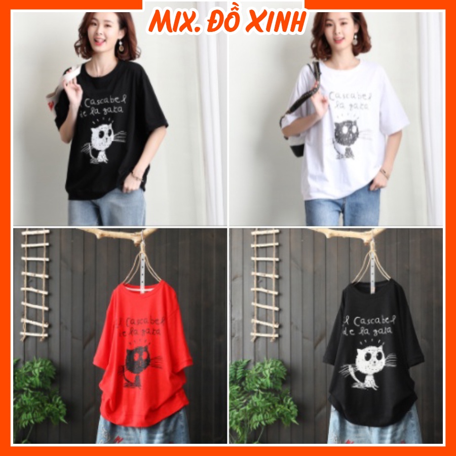 Áo phông unisex Thu Hà áo thun form rộng tay lỡ, chất thun cotton co giãn in hình Mèo Chữ De La Ga Ta