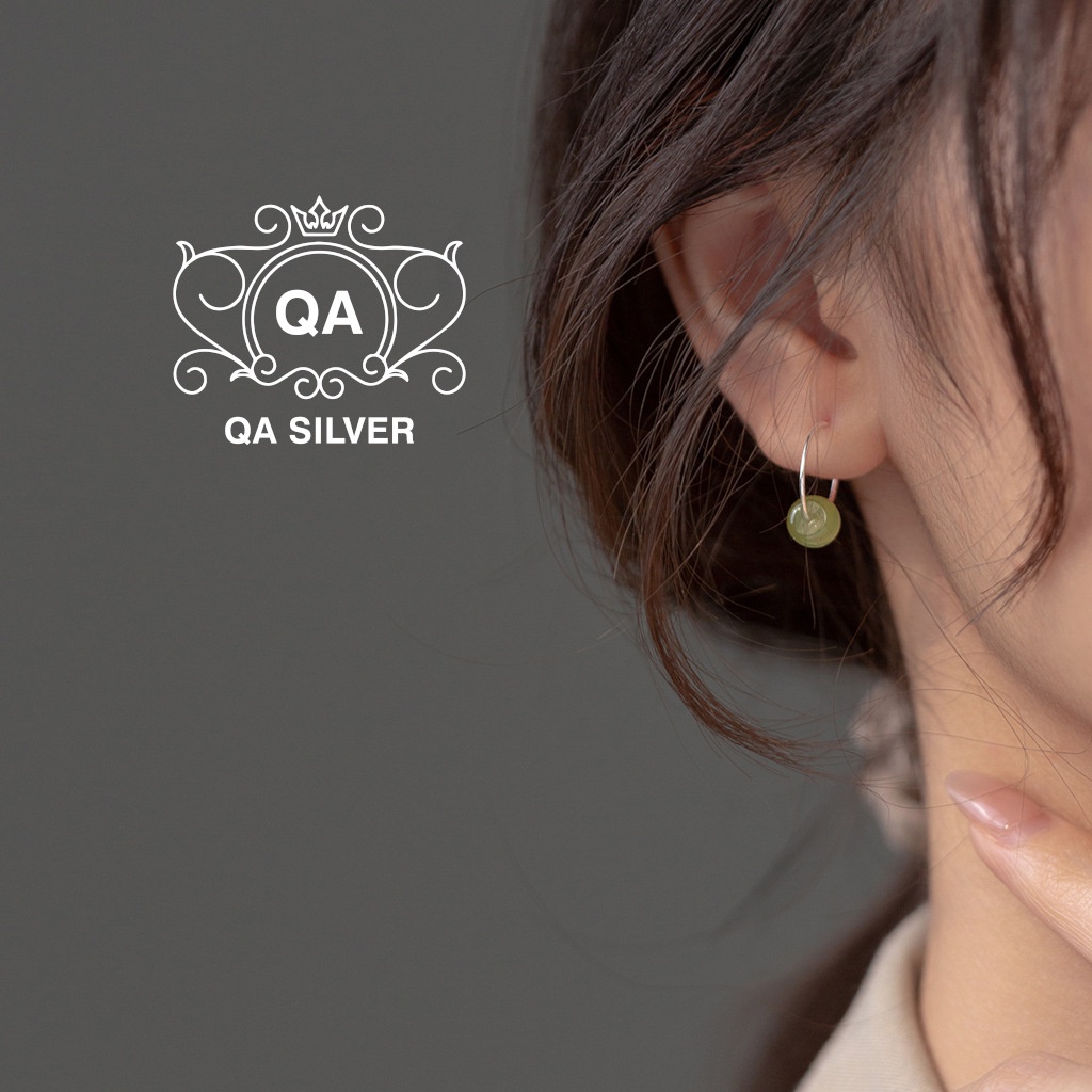 Khuyên tai bạc 925 tròn mặt đá xanh bông nữ tối giản S925 JADE QA SILVER Earrings EA220709