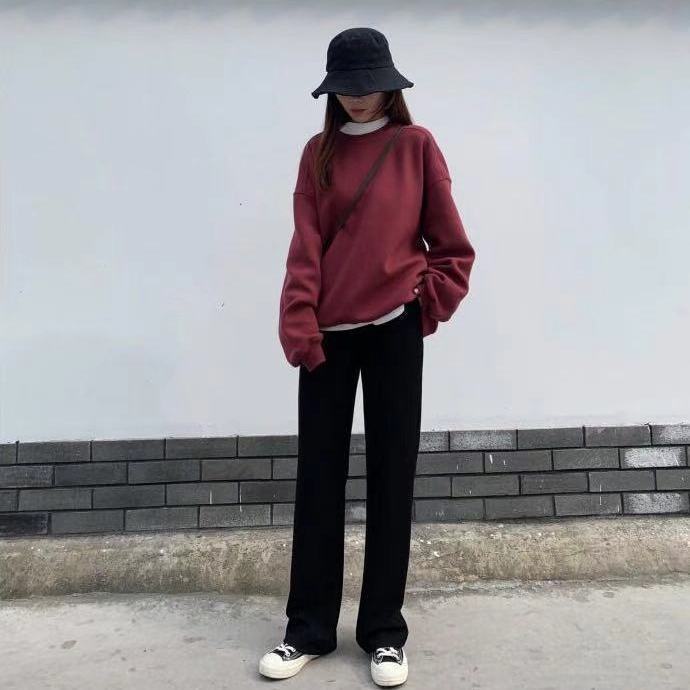 Quần dài vải nhung ống rộng lưng cao thời trang thu đông cho nữ