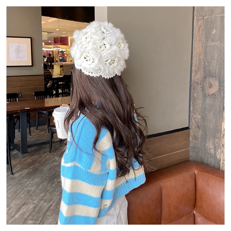 Mũ Dệt Kim Phối Lông Thỏ Ấm Áp Thời Trang Mùa Đông Cho Nữ