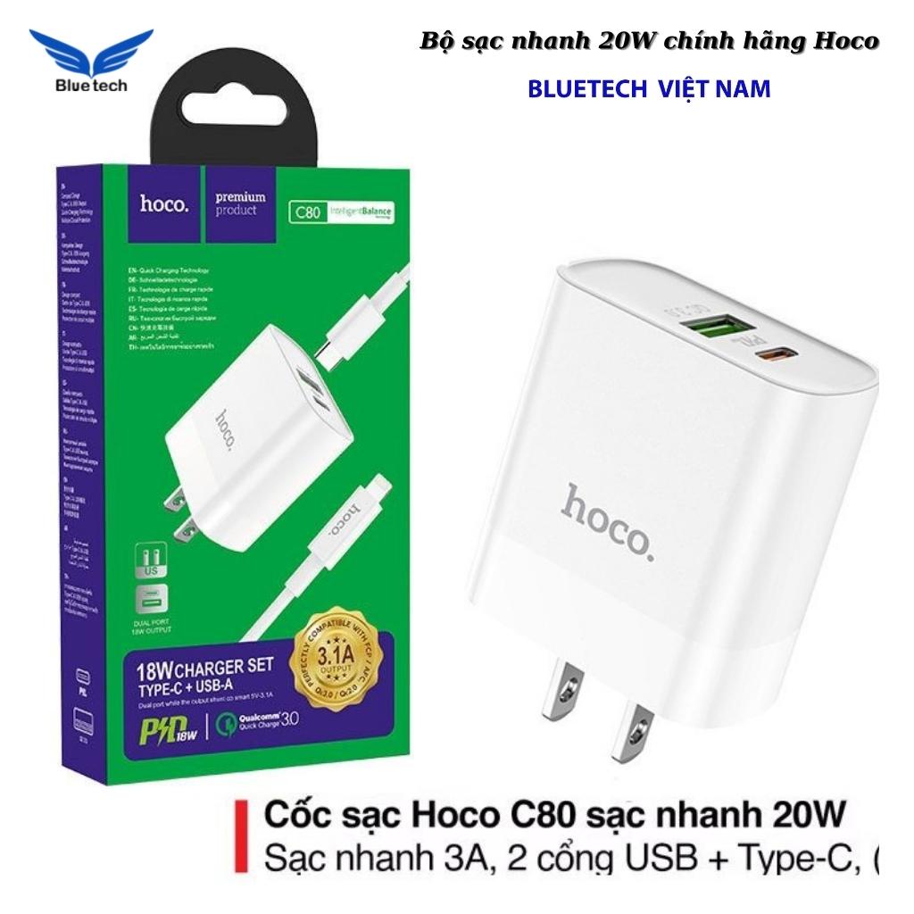 Bộ sạc siêu nhanh 20w Hoco C80 2 cổng chuẩn QC 3.0, PD,  Củ Sạc Nhanh C80 20w tương thích các dòng máy