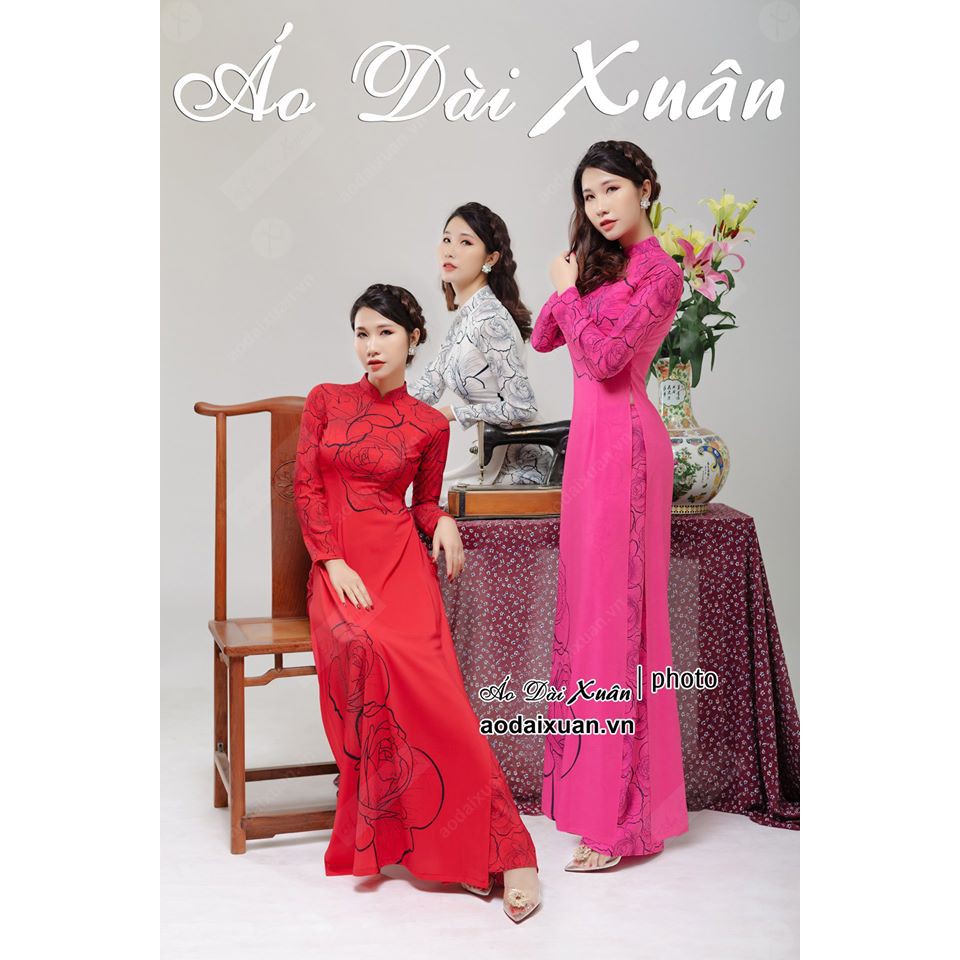 Áo dài lụa in hoa 3D màu xanh, hồng, trắng cỡ S, cỡ M, cỡ L (áo kèm quần)