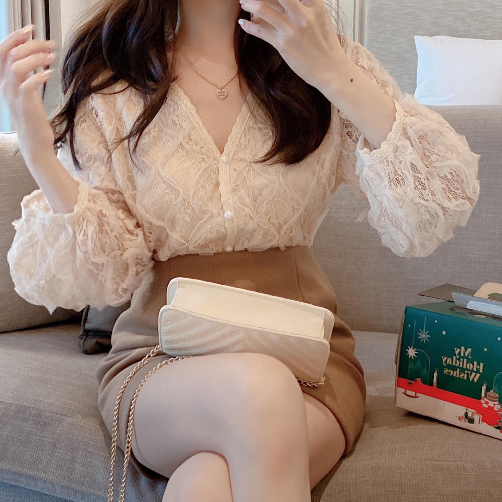 Áo kiểu phối ren dài tay phong cách Hàn Quốc thanh lịch 32516