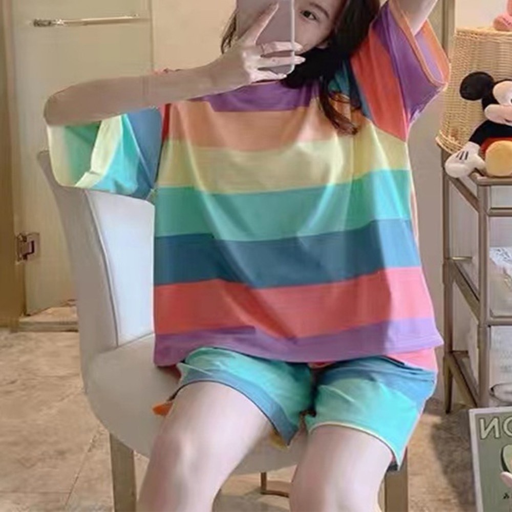 Bộ Đồ Ngủ Áo Thun Tay Ngắn + Quần Short Họa Tiết Hoạt Hình Thoáng Khí Thời Trang Mùa Hè Cho Nữ