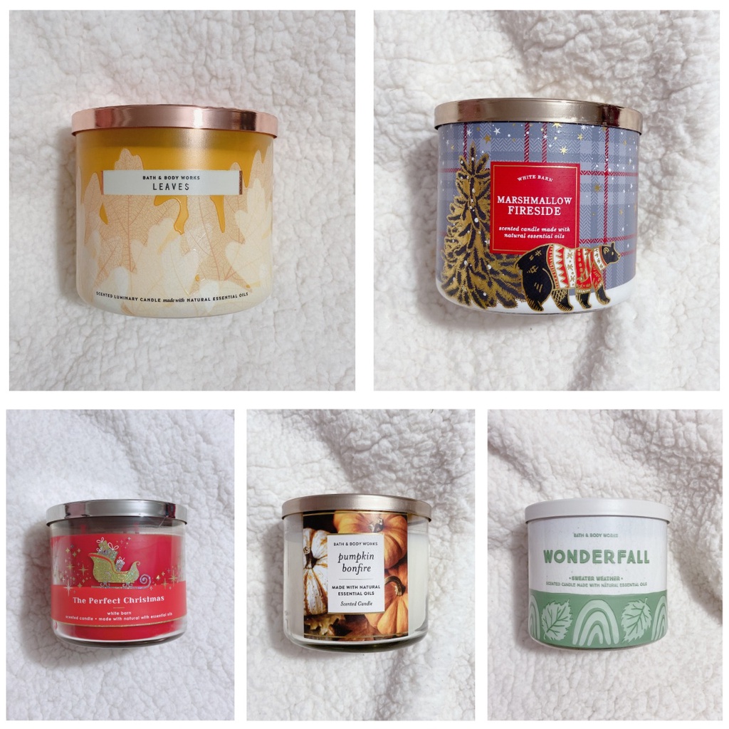 {HỎA TỐC} Nến thơm 3 tim Bath &amp; Body Works 3 wick BBW 411gr Flannel Sweater Leaves White Tea &amp; Sage Vanilla Pumpkin