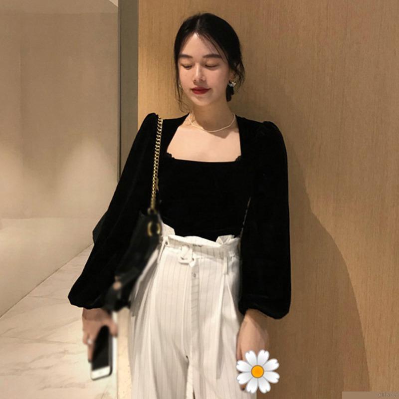 Áo thun tay dài cổ vuông màu sắc thanh lịch thời trang cho nữ