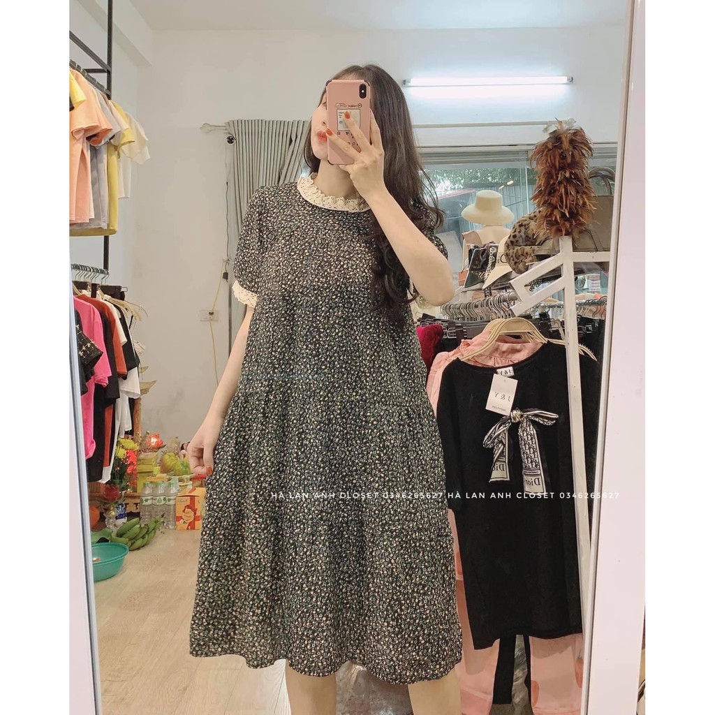 Váy Bầu Hoa Nhí Cổ Ren Mùa Hè Ngắn Tay Thiết Kế Xinh Xắn Vintage HD2821 Honey Mommy Đầm Bầu Công Sở Dáng Dài
